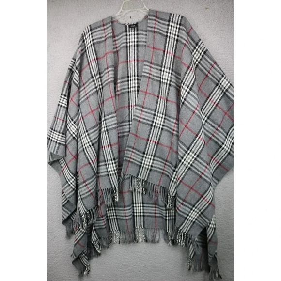 V. Fraas Women's Ruona Gray & Red Plaid Fringed Wrap-Poncho-One Size - Picture 1 of 8